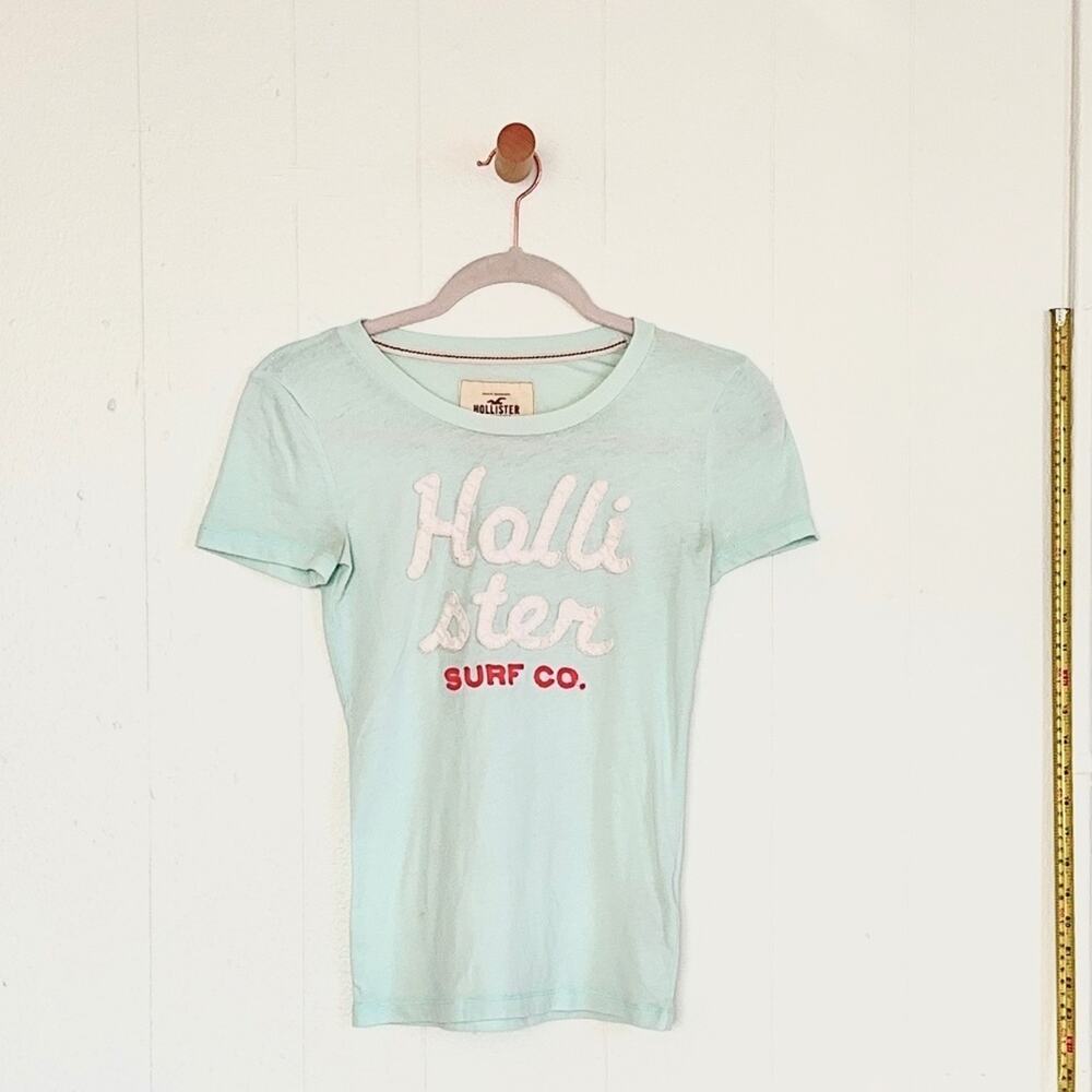 Vtg Y2K Hollister Surf Co Graphic Baby Tee Mint Blue Stitched Spellout Tee S